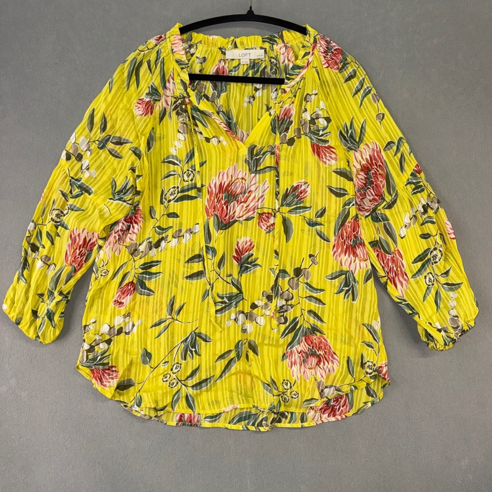 LOFT Petites Yellow Floral Split Neck Tie Blouse Size MP Viscose 511424
